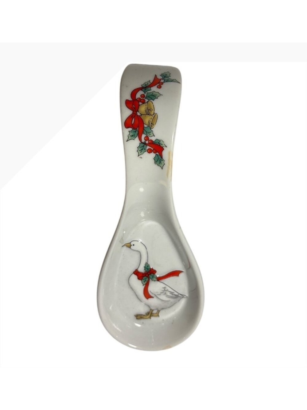Ceramic Holiday Goose Spoon Rest With Bells & Ribbon Design Christmas 8" Long